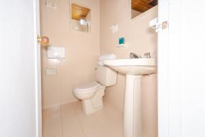 La salle de bains blanche est pourvue de toilettes et d'un lavabo. dans l'établissement Hotel Ana Carolina, à Manizales