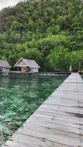 a wooden bridge over a body of water with trees at Terimakasih homestay in Pulau Mansuar