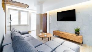 a living room with a couch and a flat screen tv at Wonder Home - Apartament Enya blisko deptaka, miejskiego placu zabaw i Parku Zdrojowego in Świeradów-Zdrój