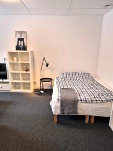 1 dormitorio con 1 cama y escritorio en una habitación en Rentalux Apartments at Vivansborg en Timrå
