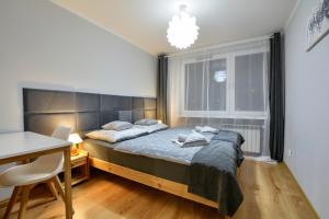 um quarto com uma cama, uma secretária e uma janela em Apartament Dzień Dobry 3 em Wałbrzych