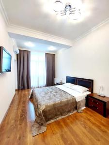 a bedroom with a large bed and a television at Апартаменты Премиум возле Бакинского бульвара YHiB in Baku