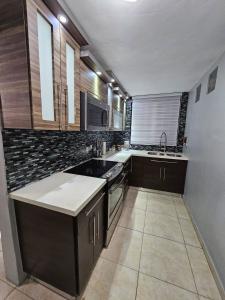 a kitchen with a sink and a stove top oven at Astrolax Cinema with Jacuzzi & 4D Massage Chair in Ponce