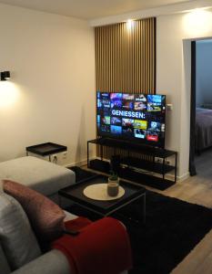 a living room with a couch and a flat screen tv at Deluxe-Apartment Altstadt in Ettlingen