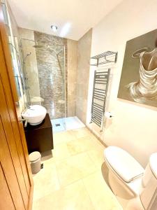 a bathroom with a toilet and a sink and a shower at The Applewood Lodge in Heytesbury
