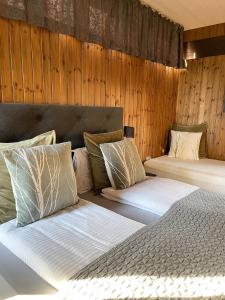 2 łóżka w pokoju z drewnianymi ścianami w obiekcie Haukaberg House w mieście Höfn