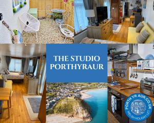 a collage of photos of a room with a view of the studio portiv at THE STUDIO PORTHYRAUR in Criccieth