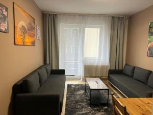 ein Wohnzimmer mit einem Sofa und einem Tisch in der Unterkunft Choice Berlin - Wohnung für bis zu 12 Personen in Berlin