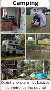 un collage de photos d'un campeur et d'une tente dans l'établissement Gran Camping Cabanas da Fazenda, à Visconde de Mauá
