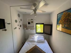 a small bedroom with a bed and a ceiling fan at T2 rez de jardin plage piscines vue mer parking terrasse commerces in Six-Fours-les-Plages