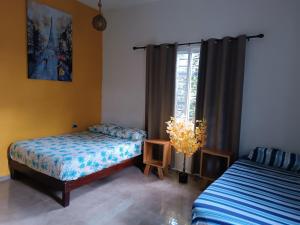 a bedroom with two beds and a window at casa flores in Bacalar