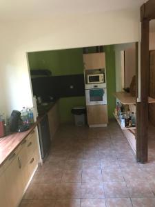 a kitchen with green walls and a stove top oven at Maison Nature in Le Moule