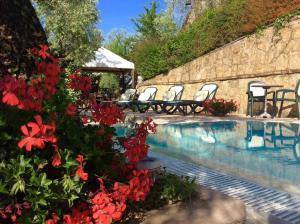 - un groupe de chaises et de fleurs à côté de la piscine dans l'établissement Casa Vacanze Verdoliva, à San Miniato