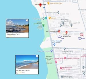 a map and a photo of the beach with google maps at NEW Luxury Condo at Kameole Beach in Wailea