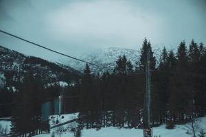 einen schneebedeckten Berg mit Bäumen und einem Skilift in der Unterkunft Bontveit Villa s in Bergen