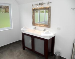 a bathroom with a sink and a mirror at Lupton Lodge in Whangarei