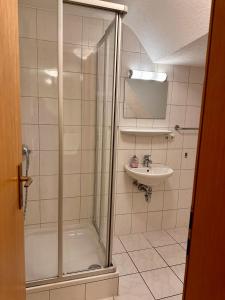 ein Bad mit einer Dusche und einem Waschbecken in der Unterkunft Gasthaus Hasen - Grill Masters in Geislingen