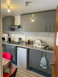 uma cozinha com armários cinzentos e uma bancada em Leman House em Londres