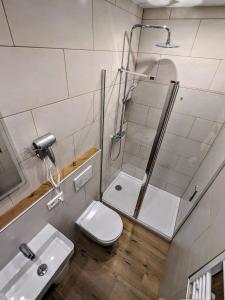 a bathroom with a shower and a toilet and a sink at Hotel am Rathaus in Kassel