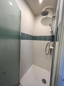 een douche met een glazen deur in de badkamer bij Proche de Paris - 3 minutes du métro in Levallois-Perret