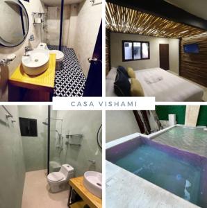kolaż czterech zdjęć łazienki z wanną w obiekcie Casa vishami w mieście Cozumel