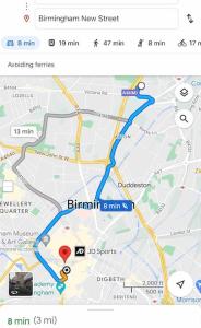 a screenshot of a google maps page with a map at Cozy flat in Birmingham with Parking in Birmingham