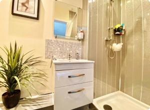 a bathroom with a sink and a shower at Entire, main door, pet friendly, home away from home, East Ayrshire in Newmilns