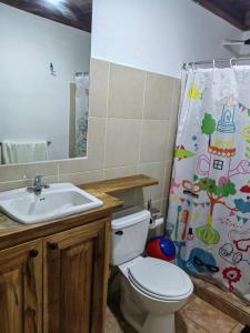 La salle de bains est pourvue de toilettes, d'un lavabo et d'un rideau de douche. dans l'établissement Brisas del Caribe,Casa 2, à Puerto Viejo