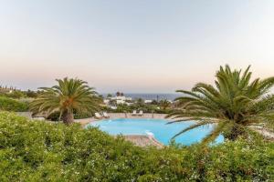 een zwembad met palmbomen en de oceaan bij Verdemare West Villa in Mykonos-stad