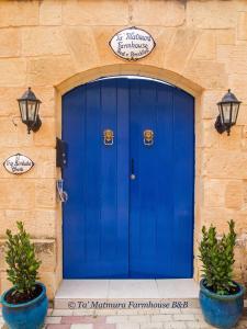 a blue door on a stone building with two plants at Ta' Matmura B&B in Għarb