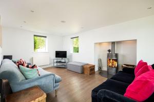 uma sala de estar com dois sofás e uma lareira em Lakeside property with spa access on a nature reserve Keel House CW23 em Somerford Keynes