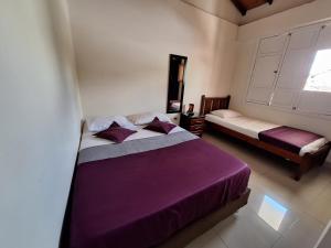 1 dormitorio con 2 camas y ventana en Hostal Casa de Vicente, en Salento