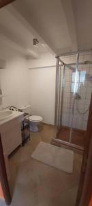 La salle de bains est pourvue d'une douche et de toilettes. dans l'établissement Chalet d'une chambre avec terrasse a Perriers en Beauficel, à Sourdeval