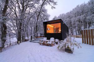 Dog friendly cabin with hot tub and views of Cairngorms žiemą