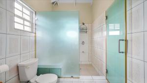 a bathroom with a toilet and a shower at Your roomy comfortable place K4 in Morne Rouge