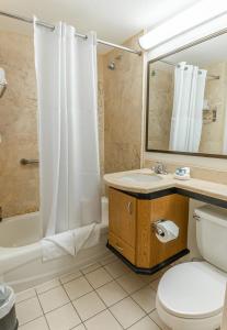 a bathroom with a toilet and a sink and a mirror at Irazú Hotel & Studios in San José