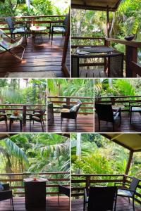 a collage of photos of tables and chairs on a deck at A Peace In Paradise in Baie Lazare Mahé