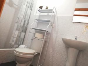 オクサパンパにあるExcelente ubicación! Bellas y cómodas habitaciones en el centro de Oxapampaの白いバスルーム(トイレ、シンク付)
