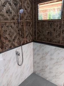 een badkamer met een douche met een douchekop bij Elvira's Homestay in Looc