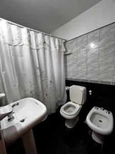 y baño con lavabo, aseo y cortina de ducha. en Alquiler temporario zapala Amanecer en Zapala