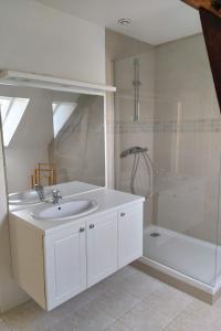 La salle de bains blanche est pourvue d'un lavabo et d'une douche. dans l'établissement Ty Kaouenn ARMOR, à Plumergat