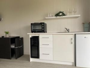 a kitchen with a counter with a microwave and a refrigerator at Mountview Wines and Accommodation in Glen Aplin