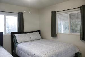 a bedroom with a bed and two windows at Hummingbird Hill - Entire Cabin in Dunlap