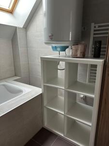 - une armoire blanche dans la salle de bains pourvue d'un lavabo dans l'établissement Appartement Algo, à Algolsheim