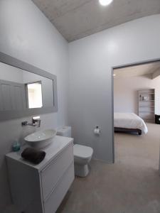 uma casa de banho com um lavatório, um WC e uma cama em Chapman View em Cidade do Cabo