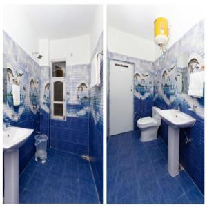 - deux photos d'une salle de bains avec lavabo et toilettes dans l'établissement Hotel Roop, à Sundarnagar