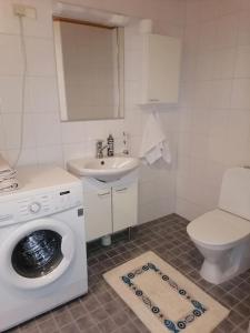 uma casa de banho com uma máquina de lavar roupa e um lavatório em two-room apartment midle in Kotka with sauna em Kotka