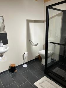 La salle de bains est pourvue de toilettes et d'un lavabo. dans l'établissement Gîte, à Saint-Herblon