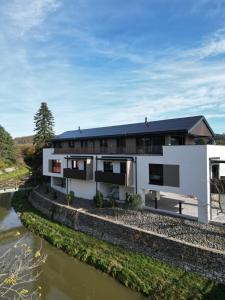a house with a river in front of it at RiverVista Apartments by mi_vida in Bad Waltersdorf