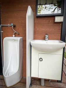 a bathroom with a sink and a toilet and a urinal at 鉄木彩虹小屋 in Yü-lan